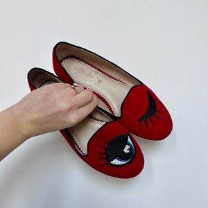 Rara Avis red suede winking eye flats size 7